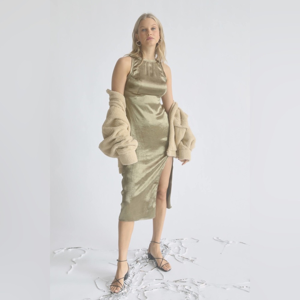 Urban Outfitters Satin Midi Dress in Olive Green